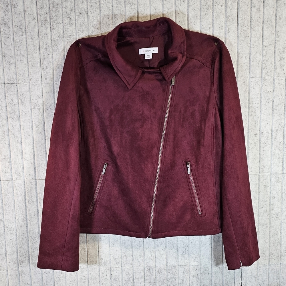 Liz Claiborne Faux Suede Moto Jacket Burgundy Passion | XXL